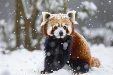 Red panda sitting in the snow, high quality, high resolutionの素材