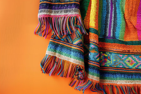 A colorful mexican blanket on an orange backgroundの素材