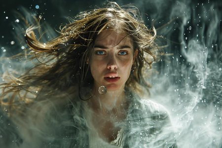 Depicting a  woman with her hair in motion on a dark backgroundの素材