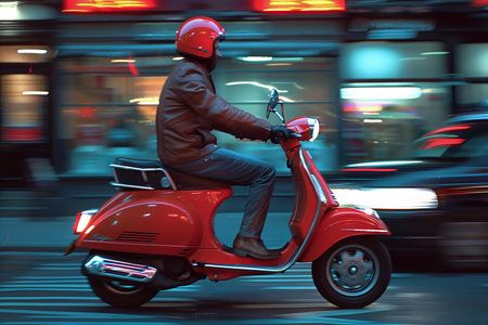 Featuring a  red moped is down the street, high quality, high resolutionの素材