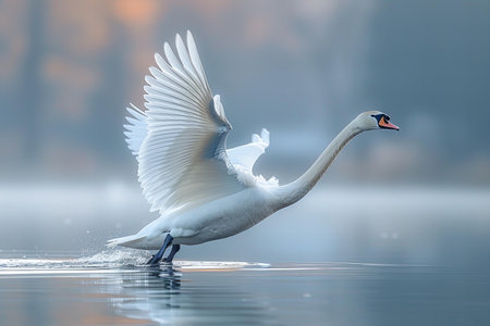 Digital image of the white swan takes off its wings, flying on the lake water. the reflection of the feathers and body is reflected in the clear blue sky and calm waters. soft natural light illuminates every detail. photography style, telephoto lens photography. this scene captures exquisite detailsの素材
