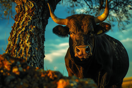 Featuring a  bull with horns stands, high quality, high resolutionの素材