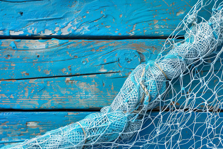 Abstract background with fishing nets on a blue wooden board, in blue and white colors, copying spacial concept.の素材