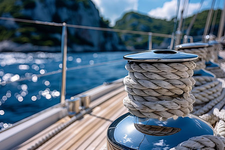Digital image of  closeup shot of the winch on an elegant sailboat, with thick white rope being pulled up and down as it twirls around its shiny metal drum, set against the backdrop of calm blue waters and distant green mountains under clear skies. the focus is sharp on the texture of the rope and tの素材