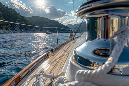 Digital image of  closeup shot of the winch on board, showcasing its sleek design and intricate details as it runs along with white rope tied to an elegant sailing boat in front of a scenic sea view. the sun is shining brightly over calm waters against a backdrop of green mountains.の素材