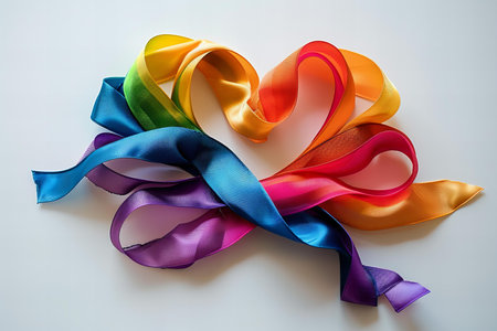Featuring a  rainbow ribbon in the shape of a heart on a white background, symbolizing pride and diversity.の素材