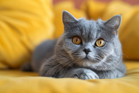 An ugly cat with an angry expression on yellow backgroundの素材