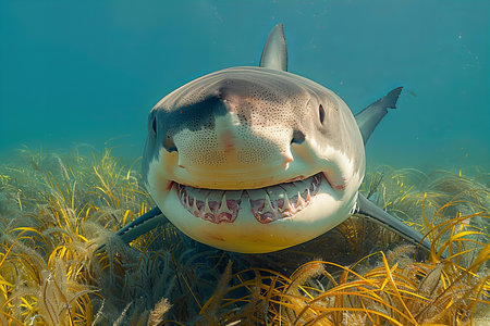 Digital image of  underwater shot of the great white shark, its mouth open and eyes focused on the camera, swimming through seagrass in clear blue water. the shark's body is visible from head to tail with detailed skin texture visible under its scales. in front view, with a wide angle lens, capturedの素材