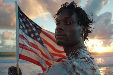 African american man with flag of United States of America at sunsetの素材