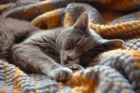Featuring a  grey cat sleeping on a blanket, high quality, high resolutionの素材