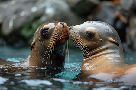 Digital image of two sea lions kissing in the blue water of a marine animal park, photoの素材