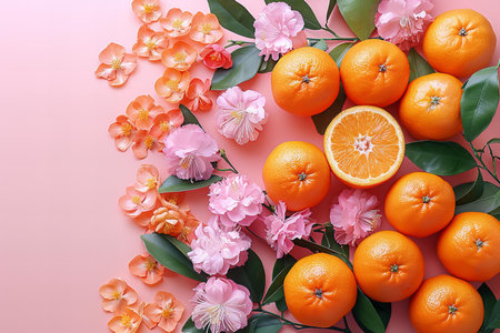 Depicting a chinese calendar, oranges and flowers on a pink backgroundの素材