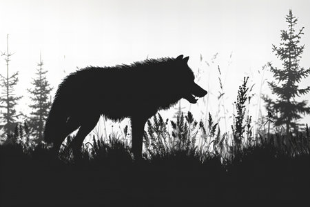 Silhouette of a wolf in the forest, black and white