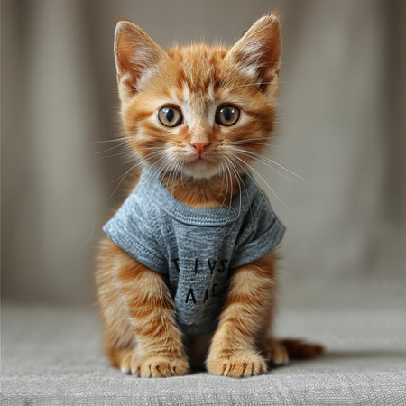Portrait of a red kitten in a gray sweater on a gray backgroundの写真素材