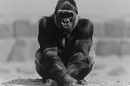 Gorilla sitting on the sand. Black and white photo.