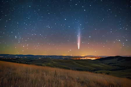 Milky way in the starry sky over the landscapeの写真素材