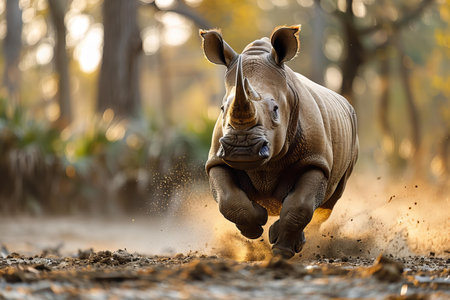 White rhinoceros (Ceratotherium simum) running in the wildの写真素材