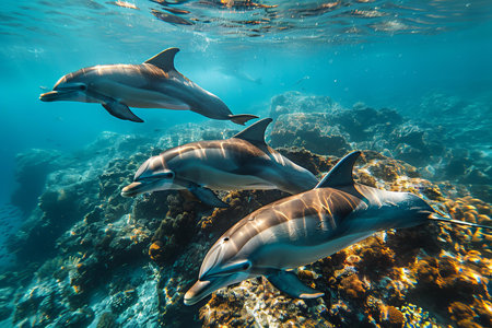 Dolphins swimming on the coral reef in the Red Sea, Egypt