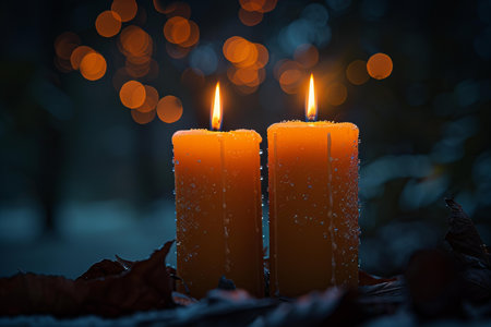 Burning candles in the winter forest on a dark background with bokehの写真素材