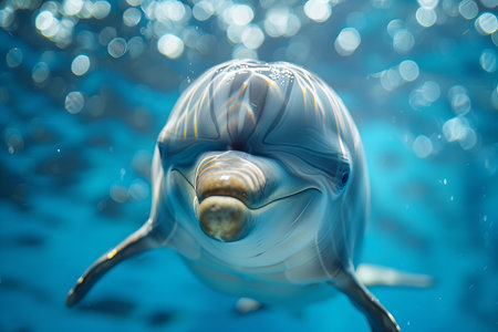 Dolphin swims in the ocean. Beautiful dolphin swims in the ocean.