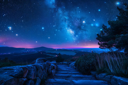 Night sky with milky way, stars and a path leading to the mountainsの写真素材