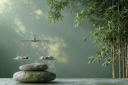 Balanced zen stones and bamboo on green wall background. 3d renderingの写真素材