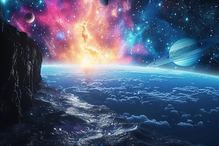 Cosmic landscape with planets, stars and galaxies.