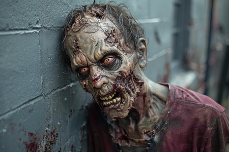 Scary zombie in blood, halloween concept. Horror film.
