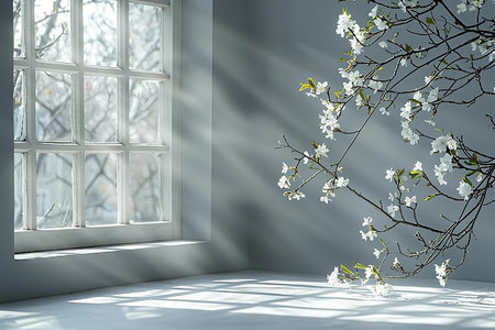 3d render of white spring flowers in a room with a window
