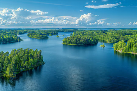 Aerial view of lake and forest in Finland. Beautiful summer landscape.の写真素材