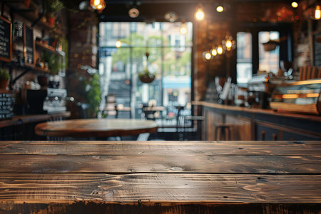 Empty wood table and Coffee shop blur background with bokeh image.の写真素材