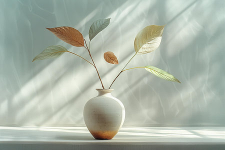 Vase with a plant on a white table in the sunlight.