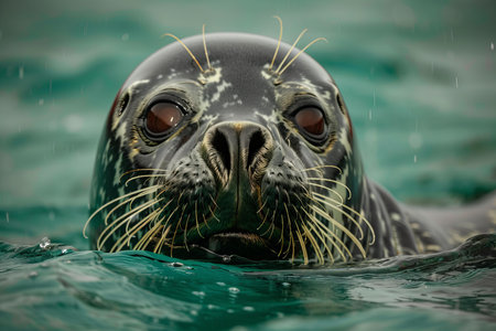 Close-up portrait of a seal swimming in the sea water.