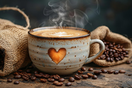 Coffee cup with heart-shaped coffee beans on wooden tableの写真素材