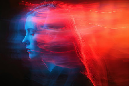 Portrait of a girl with long hair in a dark room.