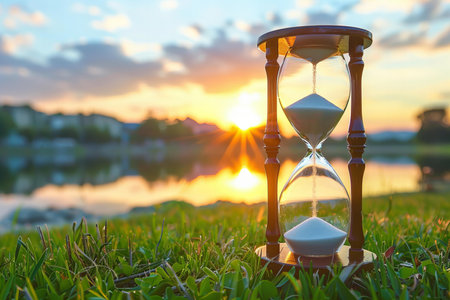 Hourglass on green grass with beautiful sunset background. Concept of timeの写真素材