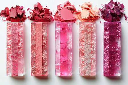 Lipstick and crushed eyeshadow as sample of cosmetic product