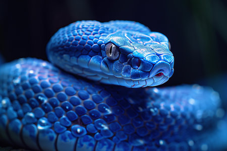 Close-up of a blue snake head on a dark background.の写真素材