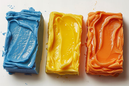 Three pieces of orange, yellow, green and blue wax crayonsの写真素材