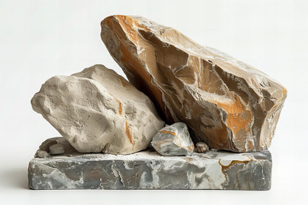 Stone podium with pebbles on white background. 3d rendering