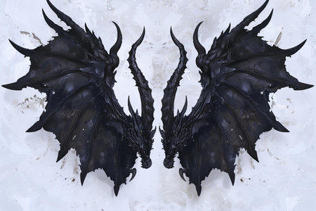 Black dragon on a white background, close-up, top viewの写真素材