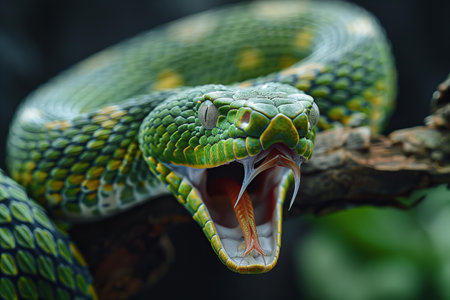 Close up of green pit viper with open mouth, Thailand.