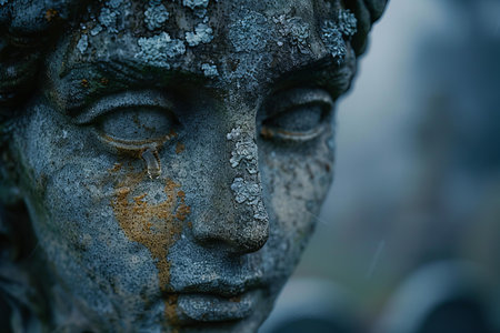 Close-up of the face of a sad woman in the cemeteryの写真素材