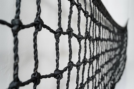 Close-up of a black tennis net on a white background.
