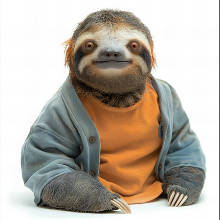 sloth in an orange shirt isolated on white background, studio shot