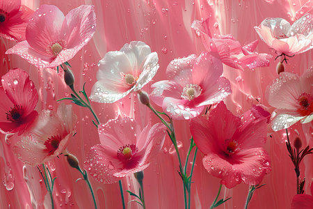flowers with water drops on a background of pink silk fabricの写真素材