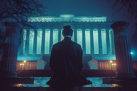 The silhouette of a man in front of a building at night.の写真素材