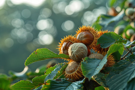 Hazelnuts on a tree with green leaves, close-up