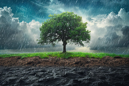 Tree in the rain with blue sky background. 3d illustration.の写真素材