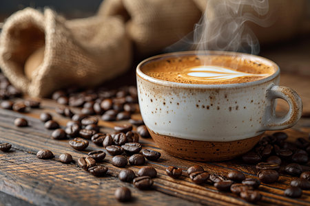 Coffee cup and coffee beans on a wooden table, close upの写真素材